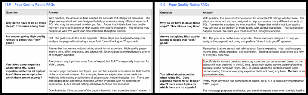 Отрывок из Инструкций Google по оценке качества сайтов,в  которых указывается, как опыт автора влияет на оценку качества основного контента.  